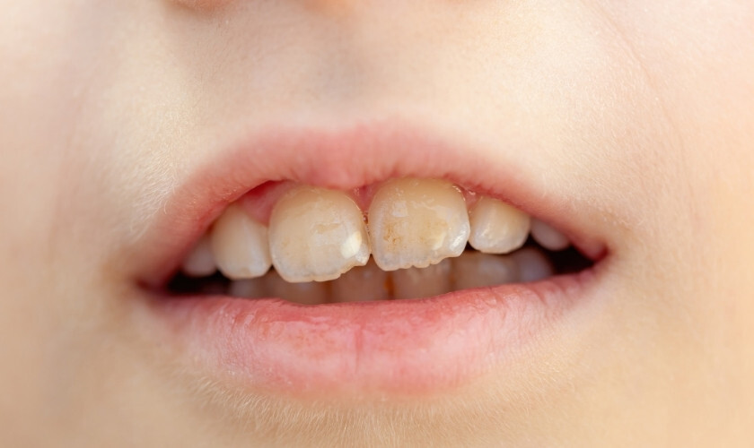 Close-up of white spots on upper front teeth showing early signs of tooth decay or demineralization.