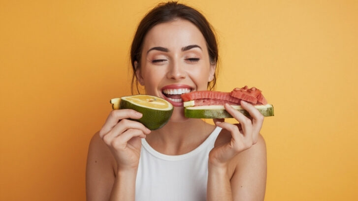 Woman smiling while biting avocado halves, suggesting soft foods for post-dental implant recovery.
