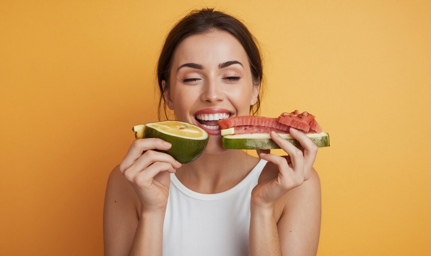 Woman smiling while biting avocado halves, suggesting soft foods for post-dental implant recovery.