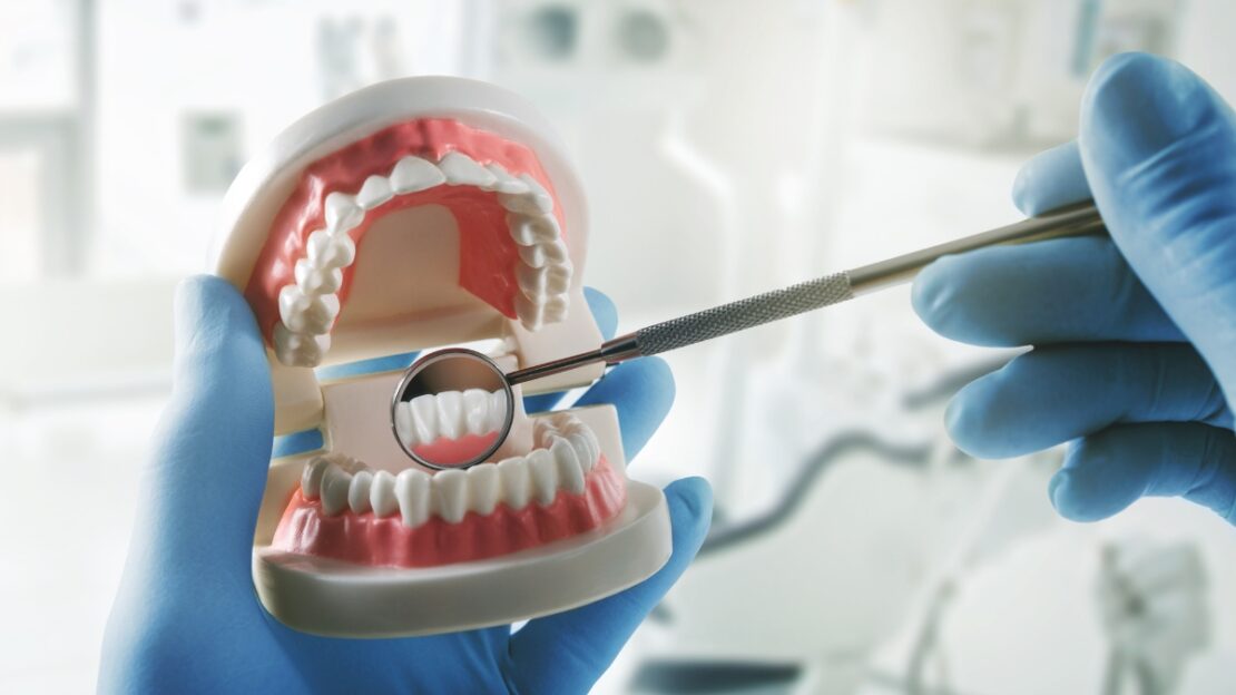 Dentist examining dental model teeth with mirror tool while wearing blue gloves.