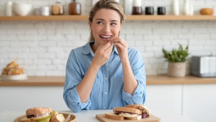 Woman enjoying a healthy smile while eating nutritious food in a bright kitchen.