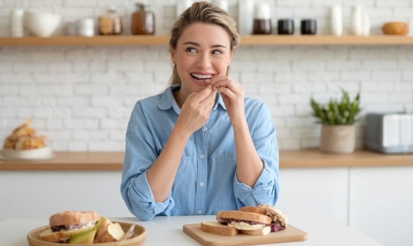 Woman enjoying a healthy smile while eating nutritious food in a bright kitchen.