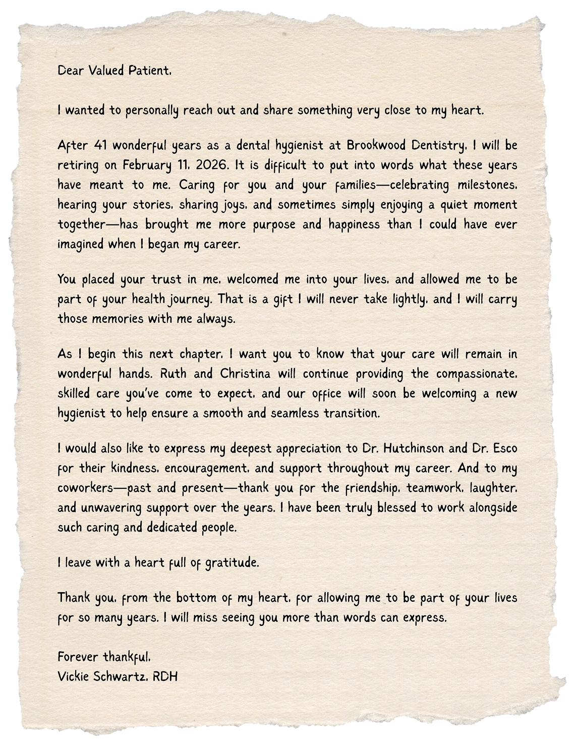 Handwritten letter from dental patient expressing gratitude to Brookwood Dentistry staff.