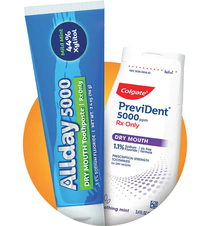img-elevate 1 Two toothpaste tubes displayed on orange circular base: Allday5000 and Colgate PreviDent 5000.