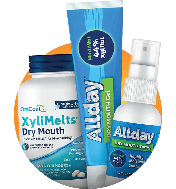 img-elevate 3 Allday dry mouth relief products including spray, lozenges, and mouthwash displayed together.