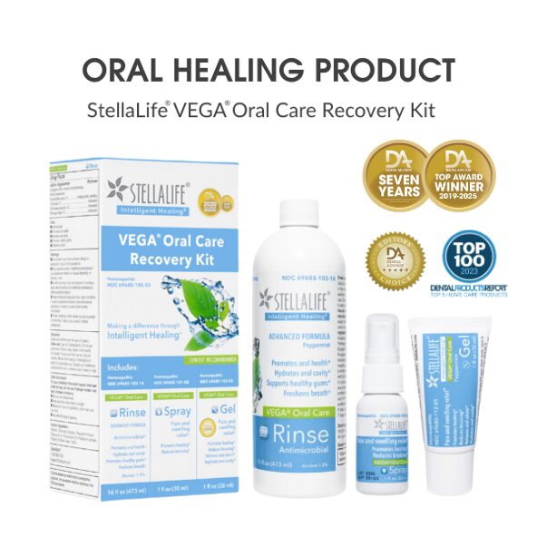 img-our-oral-healing-product StellaLife VEGA Oral Care Recovery Kit with rinse bottle, spray, and healing balm displayed alongside product packaging and award badges.